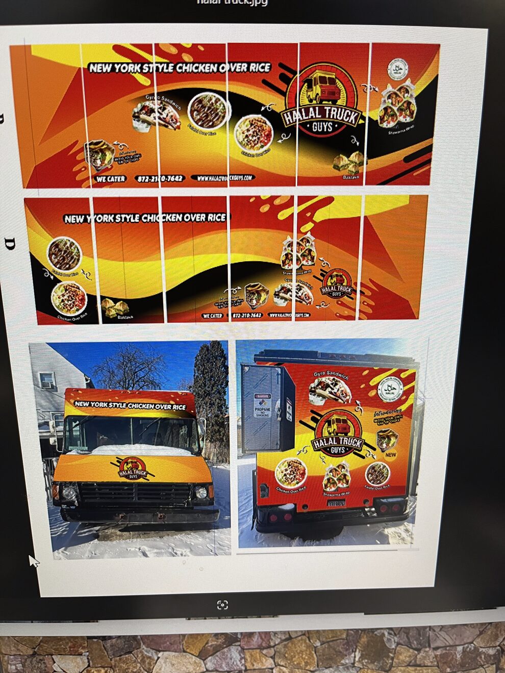 Printed design proof showing the Halal Truck Guys wrap laid out panel by panel